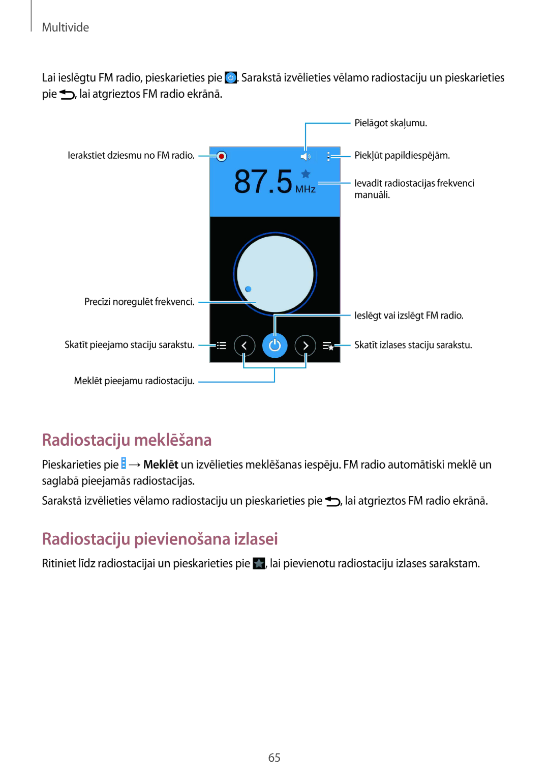 Samsung GT-I9060MKSSEB, GT-I9060ZWISEB, GT-I9060ZDISEB manual Radiostaciju meklēšana, Radiostaciju pievienošana izlasei 