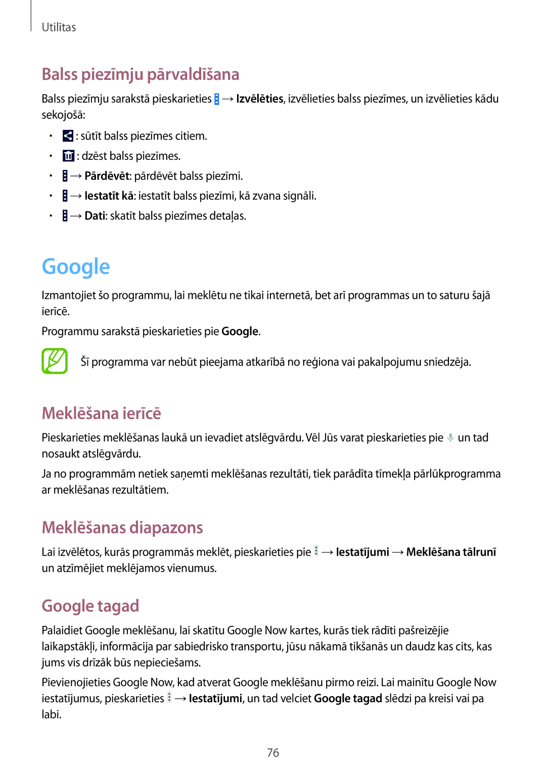 Samsung GT-I9060ZWISEB manual Balss piezīmju pārvaldīšana, Meklēšana ierīcē, Meklēšanas diapazons, Google tagad 