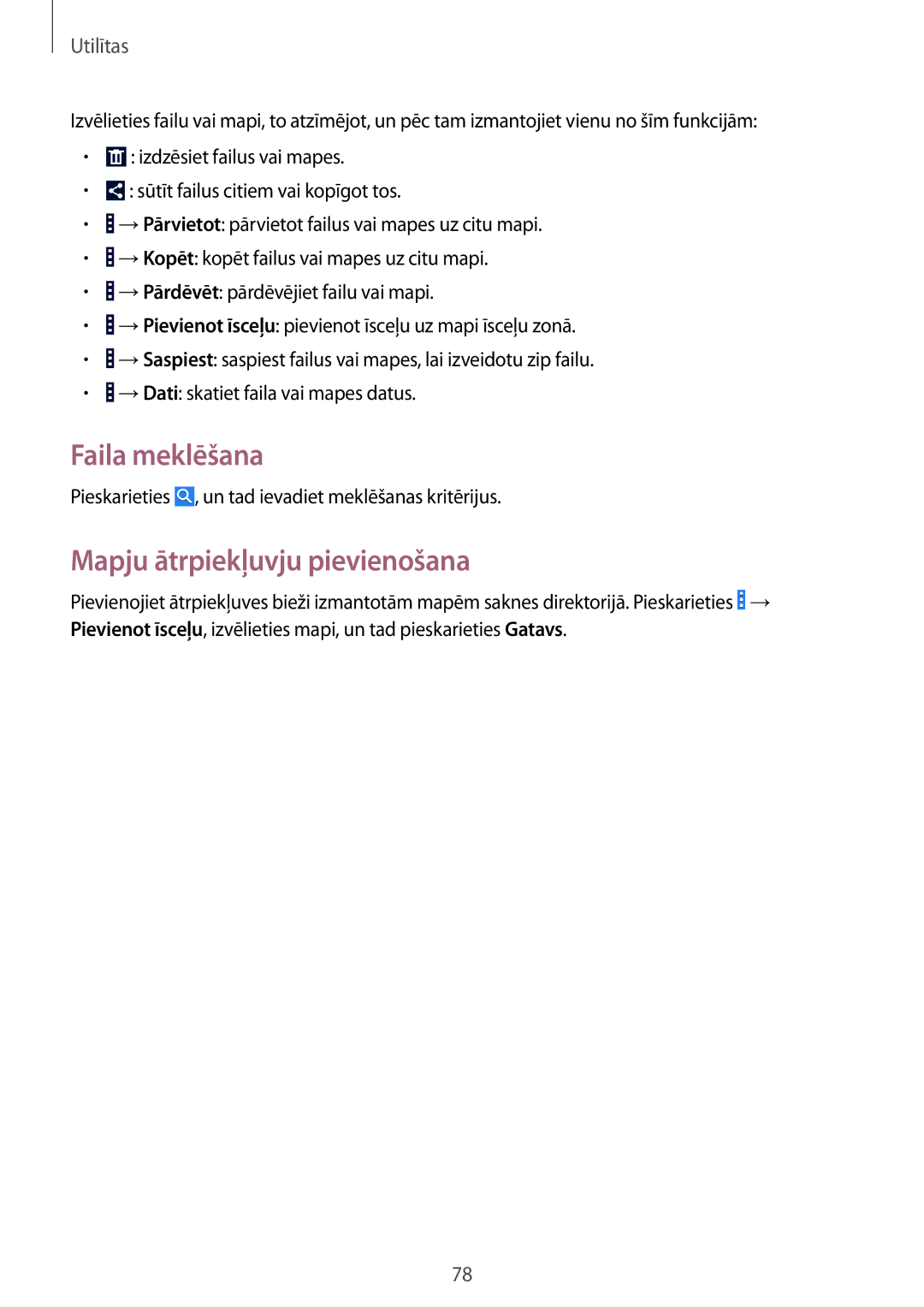 Samsung GT-I9060MKISEB, GT-I9060MKSSEB, GT-I9060ZWISEB, GT-I9060ZDISEB manual Faila meklēšana, Mapju ātrpiekļuvju pievienošana 