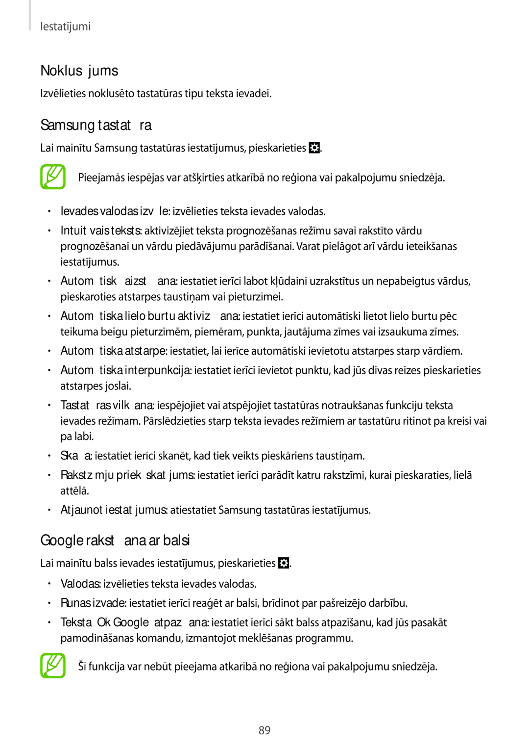 Samsung GT-I9060ZWSSEB, GT-I9060MKSSEB, GT-I9060ZWISEB manual Noklusējums, Samsung tastatūra, Google rakstīšana ar balsi 