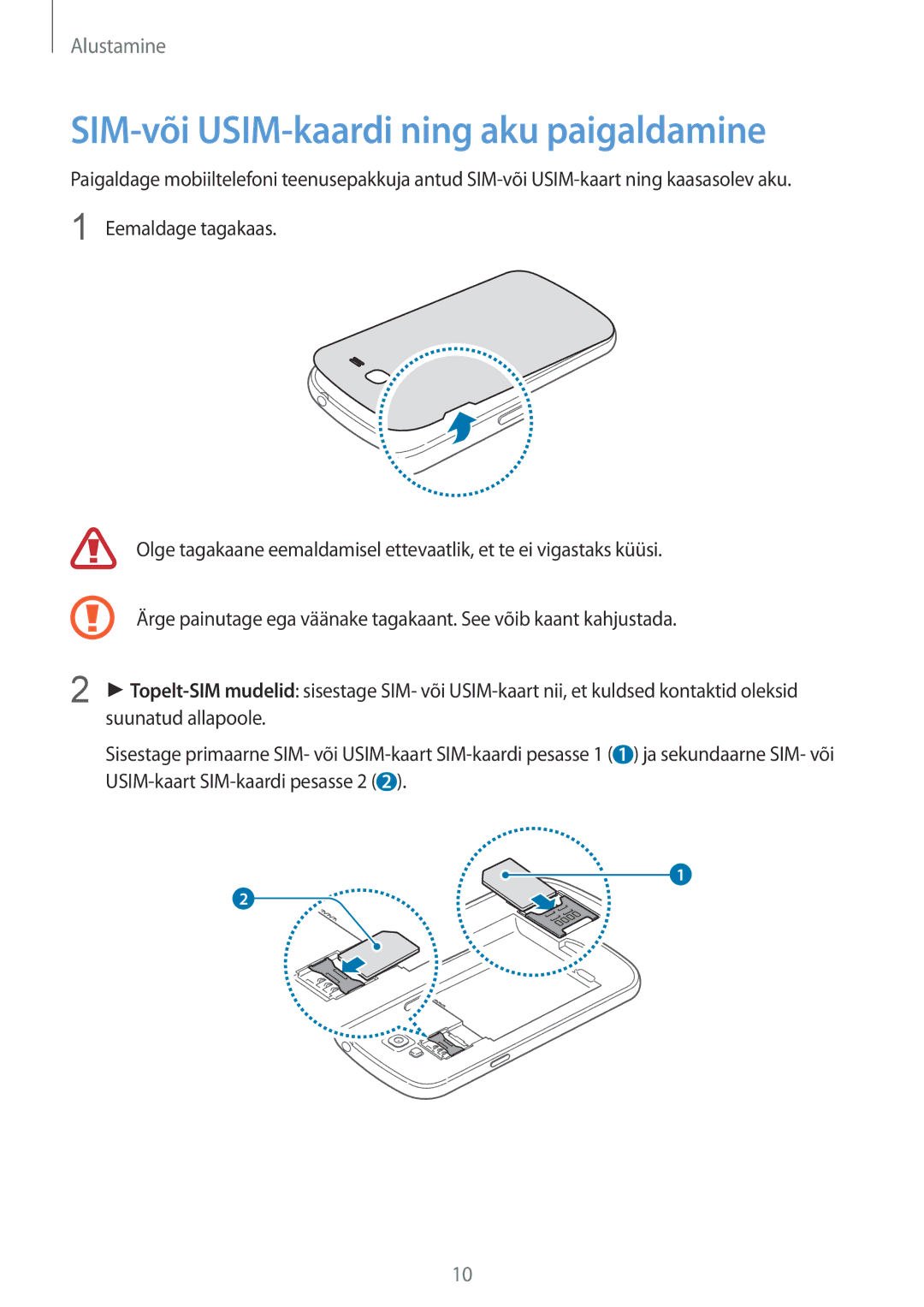 Samsung GT-I9060MKSSEB, GT-I9060ZWISEB, GT-I9060ZDISEB, GT-I9060MKISEB manual SIM-või USIM-kaardi ning aku paigaldamine 