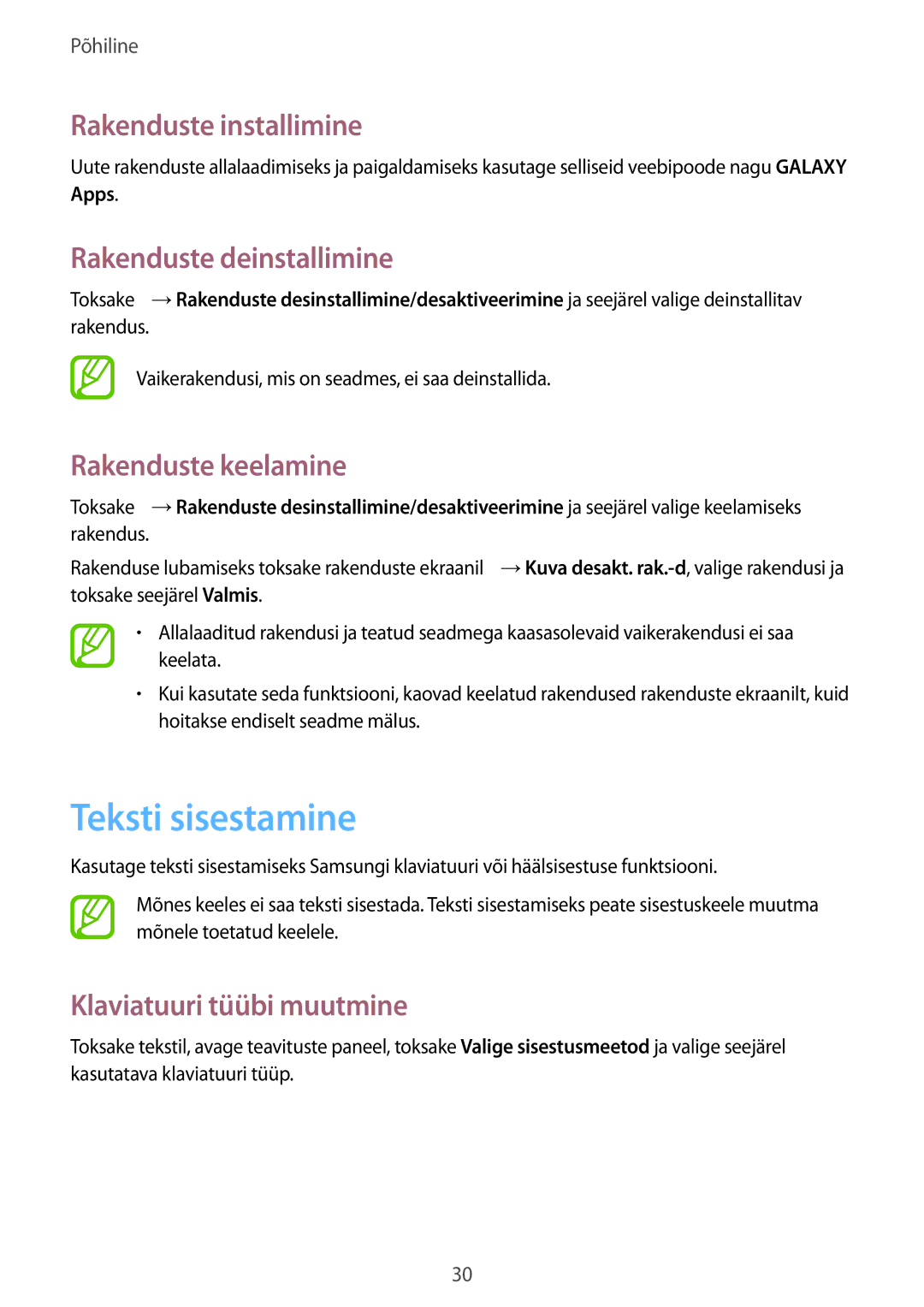 Samsung GT-I9060MKSSEB manual Teksti sisestamine, Rakenduste installimine, Rakenduste deinstallimine, Rakenduste keelamine 