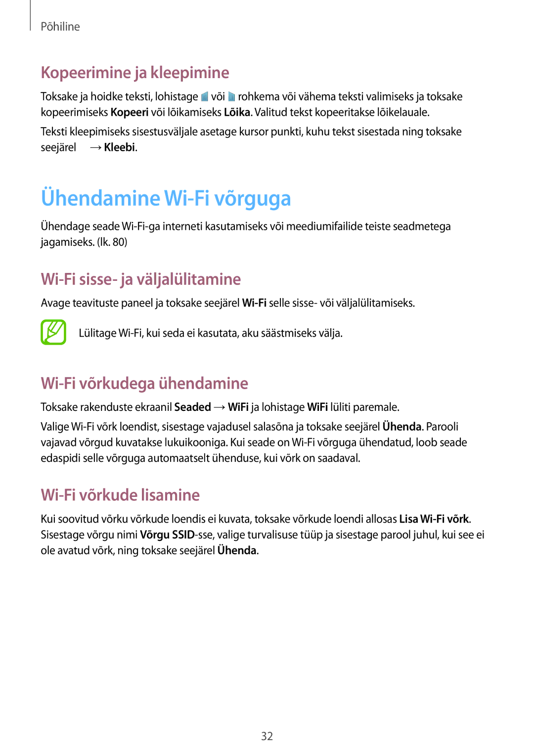 Samsung GT-I9060ZDISEB manual Ühendamine Wi-Fi võrguga, Kopeerimine ja kleepimine, Wi-Fi sisse- ja väljalülitamine 