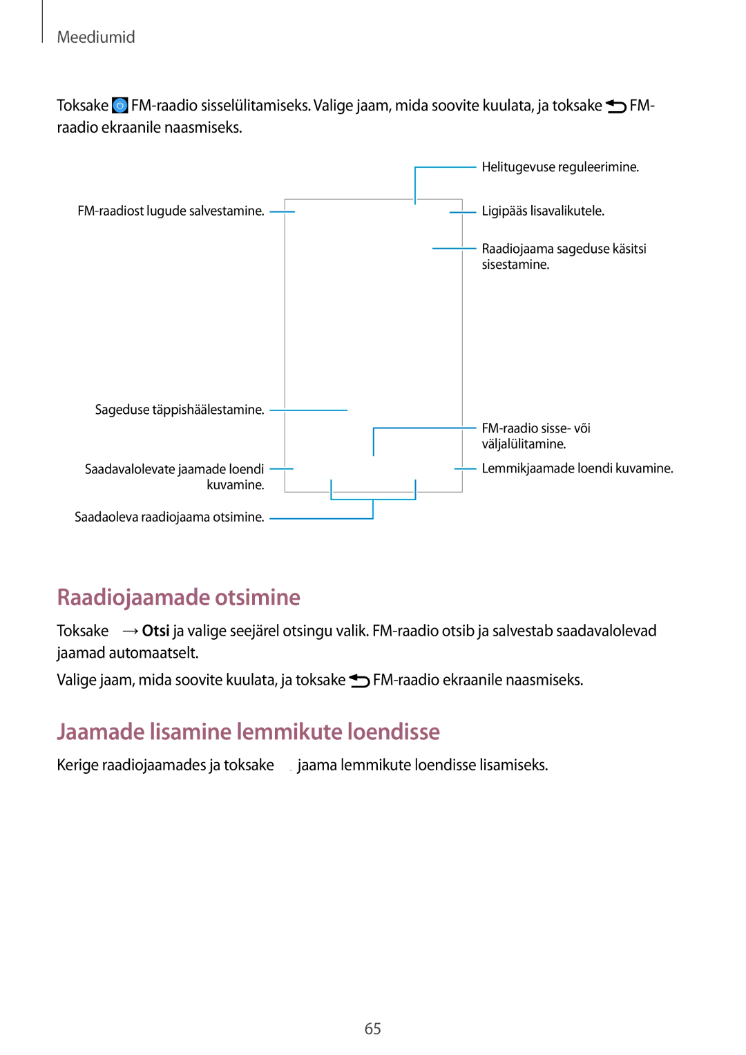 Samsung GT-I9060MKSSEB, GT-I9060ZWISEB, GT-I9060ZDISEB manual Raadiojaamade otsimine, Jaamade lisamine lemmikute loendisse 