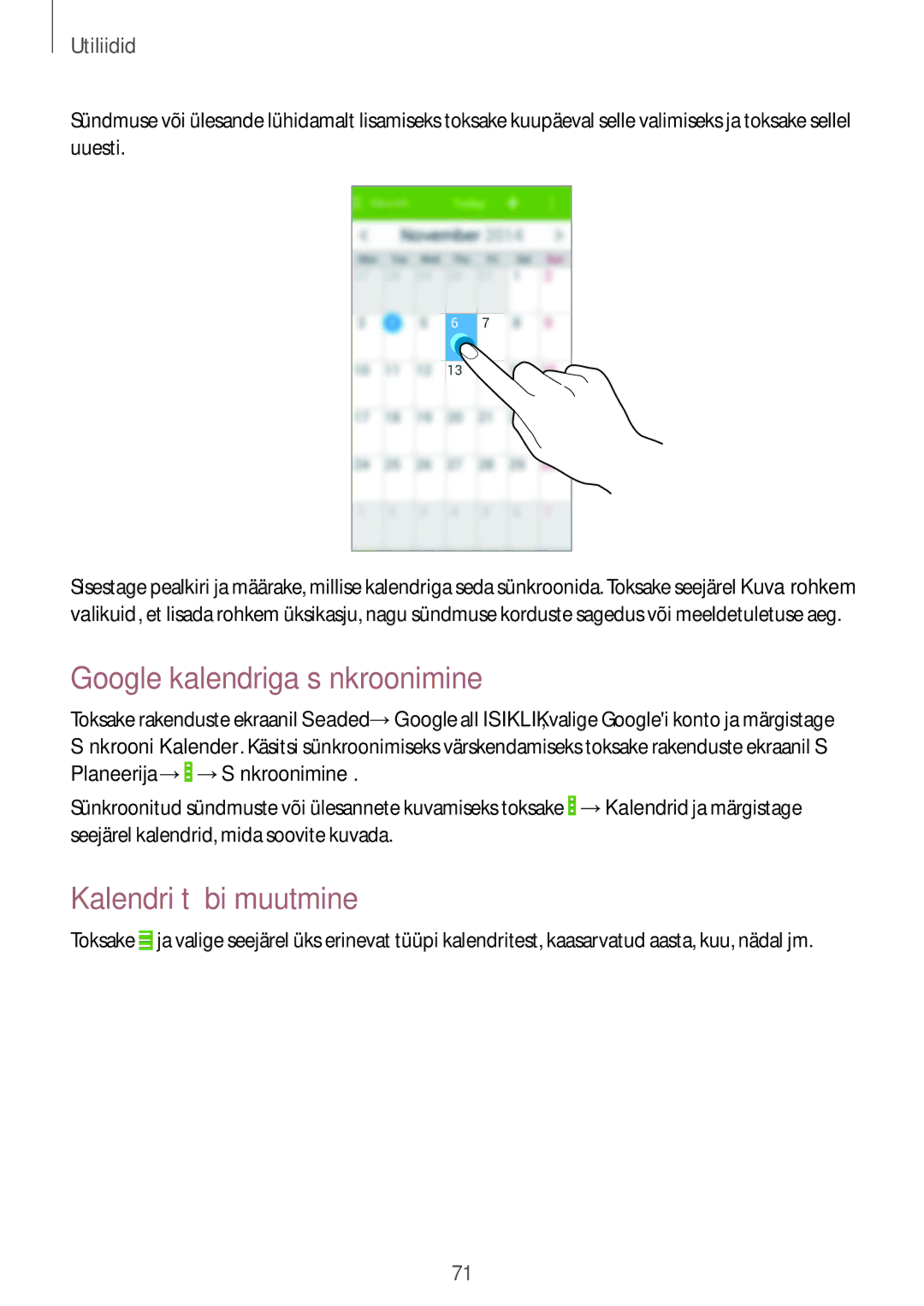 Samsung GT-I9060ZWISEB, GT-I9060MKSSEB, GT-I9060ZDISEB manual Google kalendriga sünkroonimine, Kalendri tüübi muutmine 