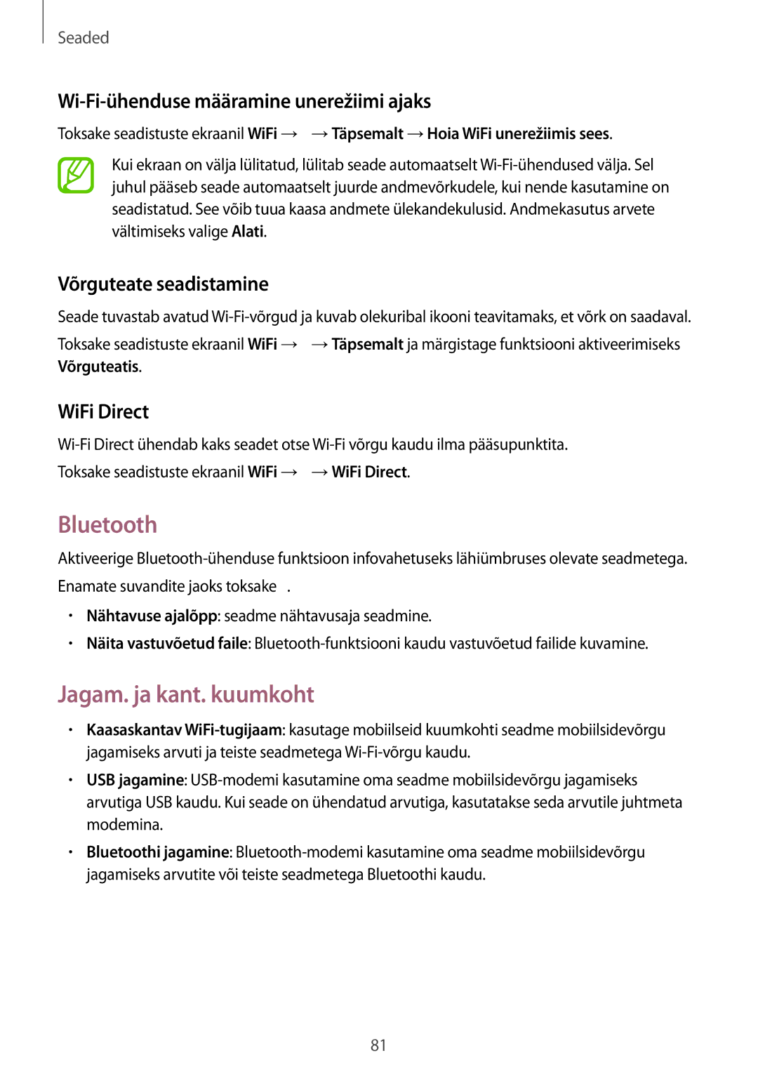 Samsung GT-I9060ZWISEB manual Bluetooth, Jagam. ja kant. kuumkoht, Wi-Fi-ühenduse määramine unerežiimi ajaks, WiFi Direct 