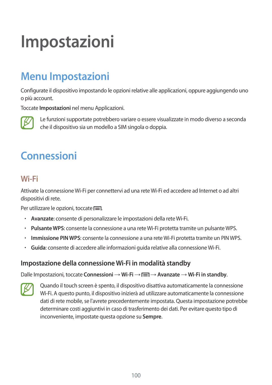 Samsung GT-I9060ZOAITV Menu Impostazioni, Connessioni, Impostazione della connessione Wi-Fi in modalità standby 