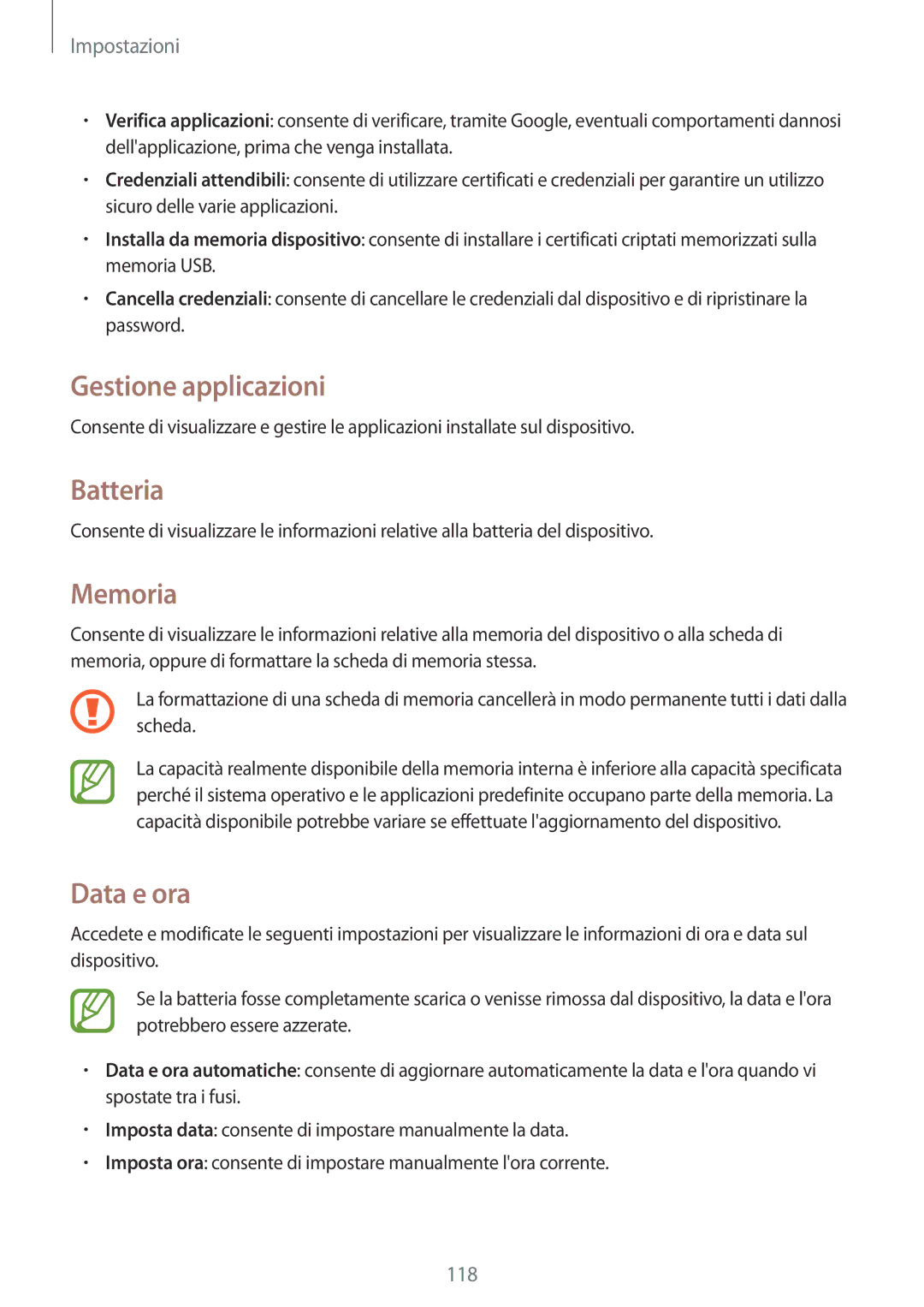 Samsung GT-I9060MKAWIN, GT-I9060ZOAITV, GT-I9060MKAITV, GT-I9060ZWATIM Gestione applicazioni, Batteria, Memoria, Data e ora 