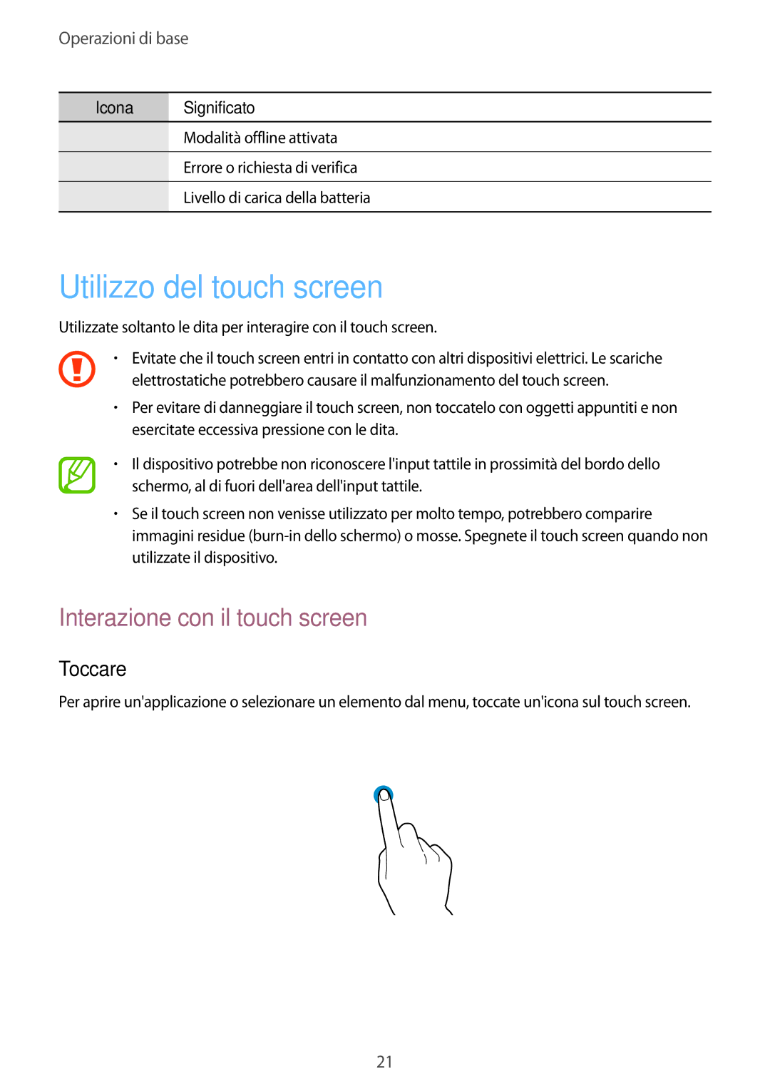 Samsung GT-I9060MKAITV, GT-I9060ZOAITV, GT-I9060ZWATIM Utilizzo del touch screen, Interazione con il touch screen, Toccare 