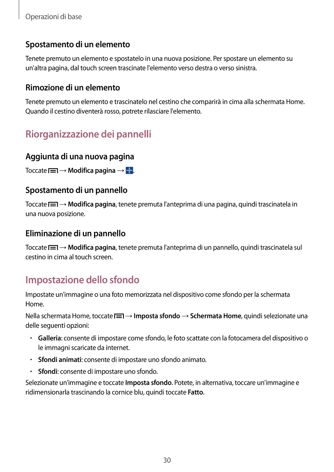 Samsung GT-I9060ZOAITV, GT-I9060MKAITV, GT-I9060ZWATIM manual Riorganizzazione dei pannelli, Impostazione dello sfondo 