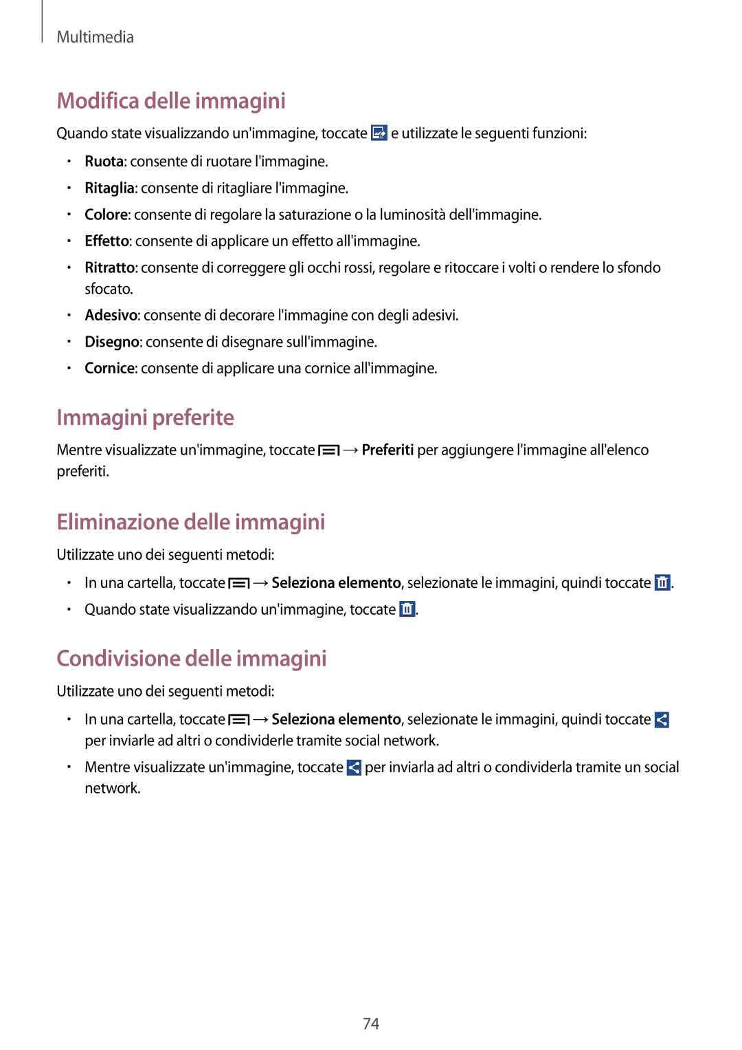 Samsung GT-I9060ZWAWIN, GT-I9060ZOAITV manual Immagini preferite, Eliminazione delle immagini, Condivisione delle immagini 