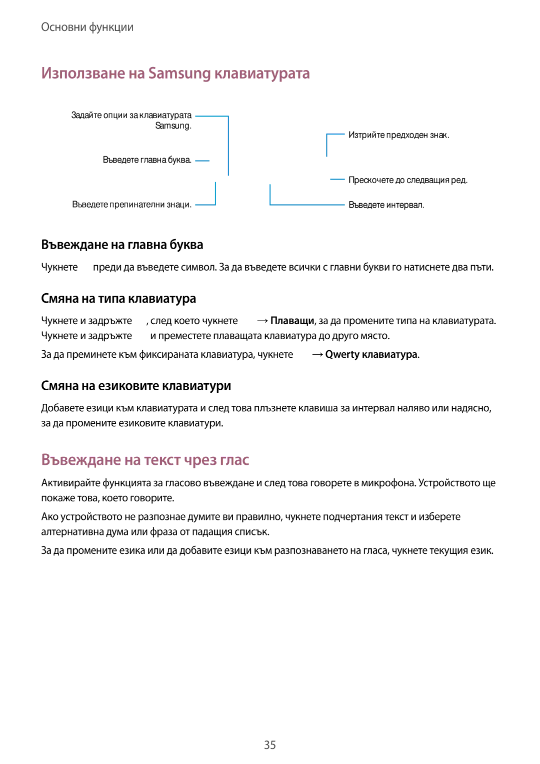 Samsung GT2I9060ZWDBGL manual Използване на Samsung клавиатурата, Въвеждане на текст чрез глас, Въвеждане на главна буква 