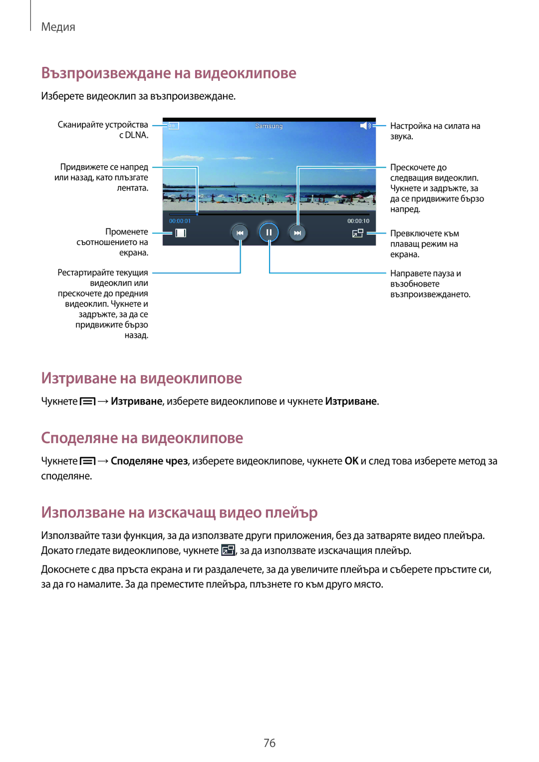 Samsung GT-I9060MKDVVT manual Изтриване на видеоклипове, Споделяне на видеоклипове, Използване на изскачащ видео плейър 
