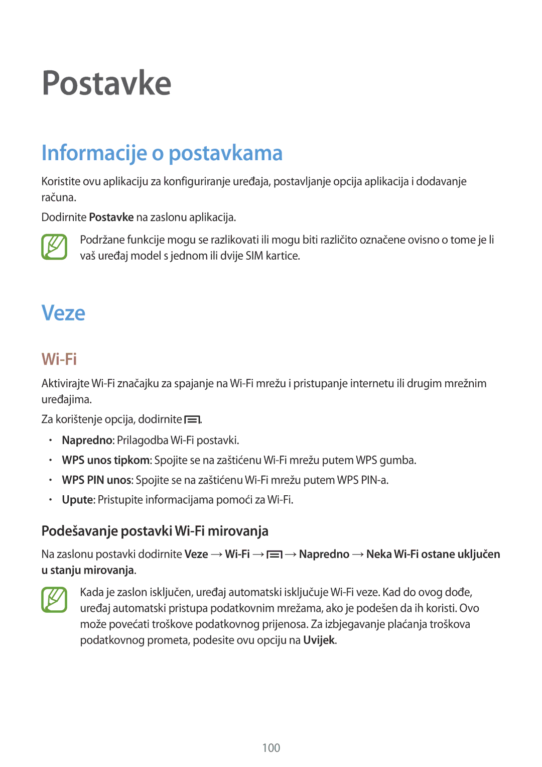 Samsung GT-I9060ZWDSEE, GT-I9060MKDSEE manual Informacije o postavkama, Veze, Podešavanje postavki Wi-Fi mirovanja 