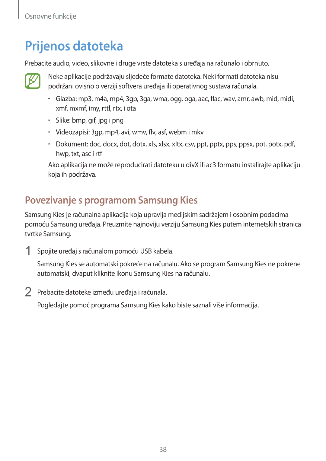 Samsung GT-I9060ZWAVIP, GT-I9060ZWDSEE, GT-I9060MKDSEE manual Prijenos datoteka, Povezivanje s programom Samsung Kies 