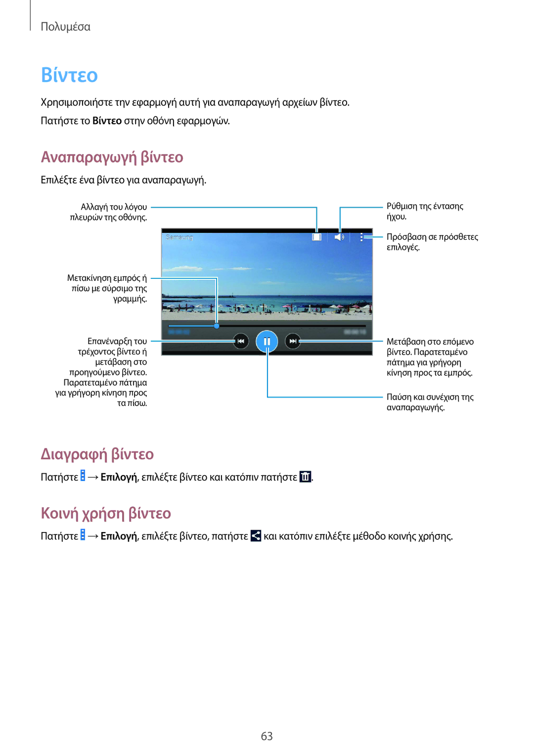 Samsung GT-I9060ZWIEUR manual Βίντεο, Διαγραφή βίντεο, Κοινή χρήση βίντεο 