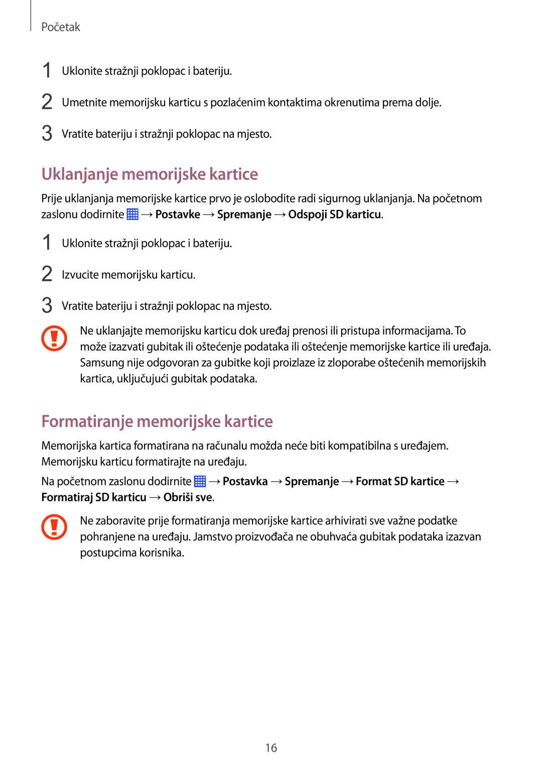 Samsung GT-I9060ZWISEE manual Uklanjanje memorijske kartice, Formatiranje memorijske kartice 