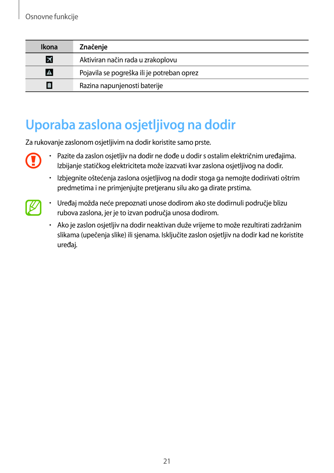 Samsung GT-I9060ZWISEE manual Uporaba zaslona osjetljivog na dodir, Osnovne funkcije 