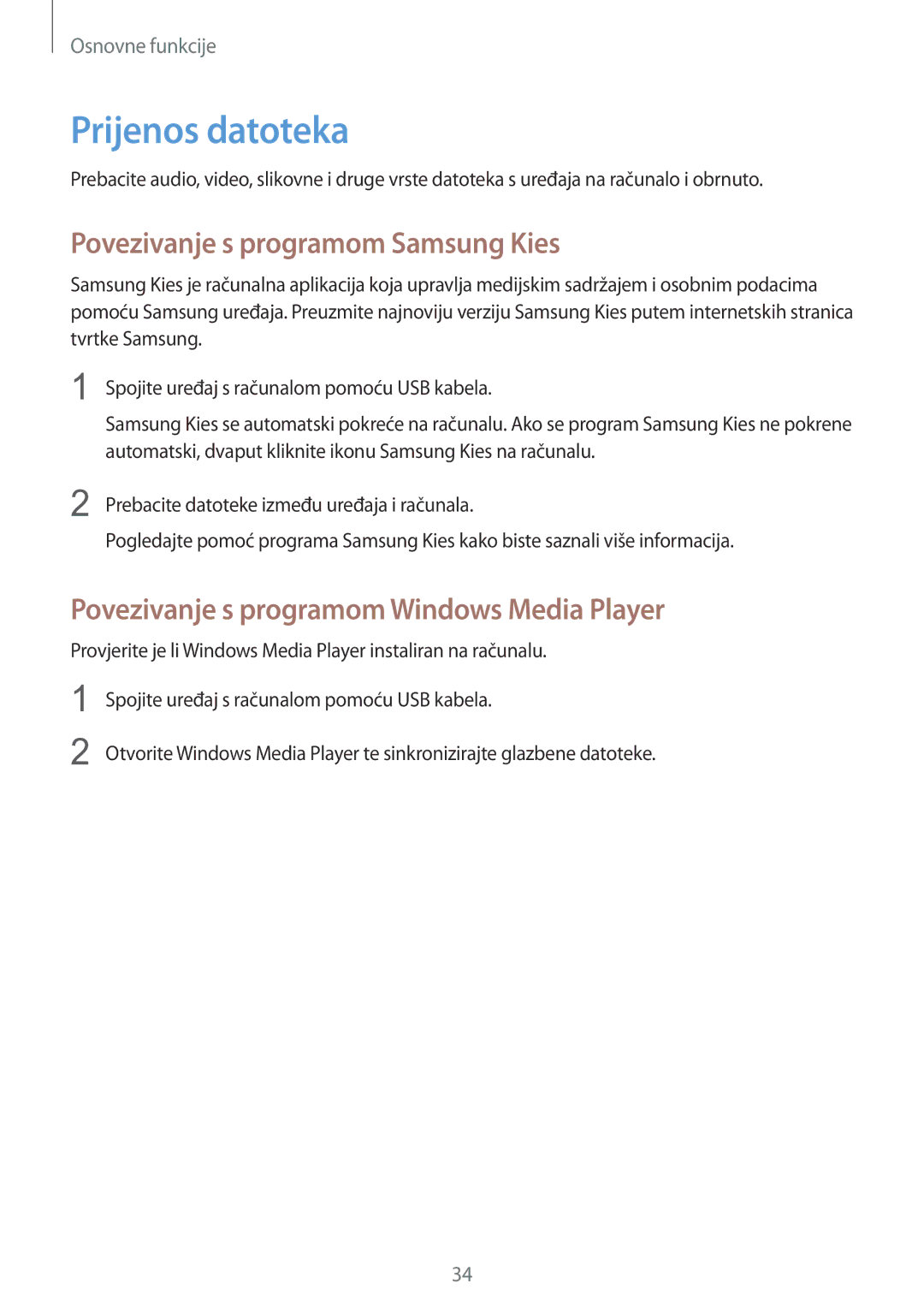 Samsung GT-I9060ZWISEE manual Prijenos datoteka, Povezivanje s programom Samsung Kies 