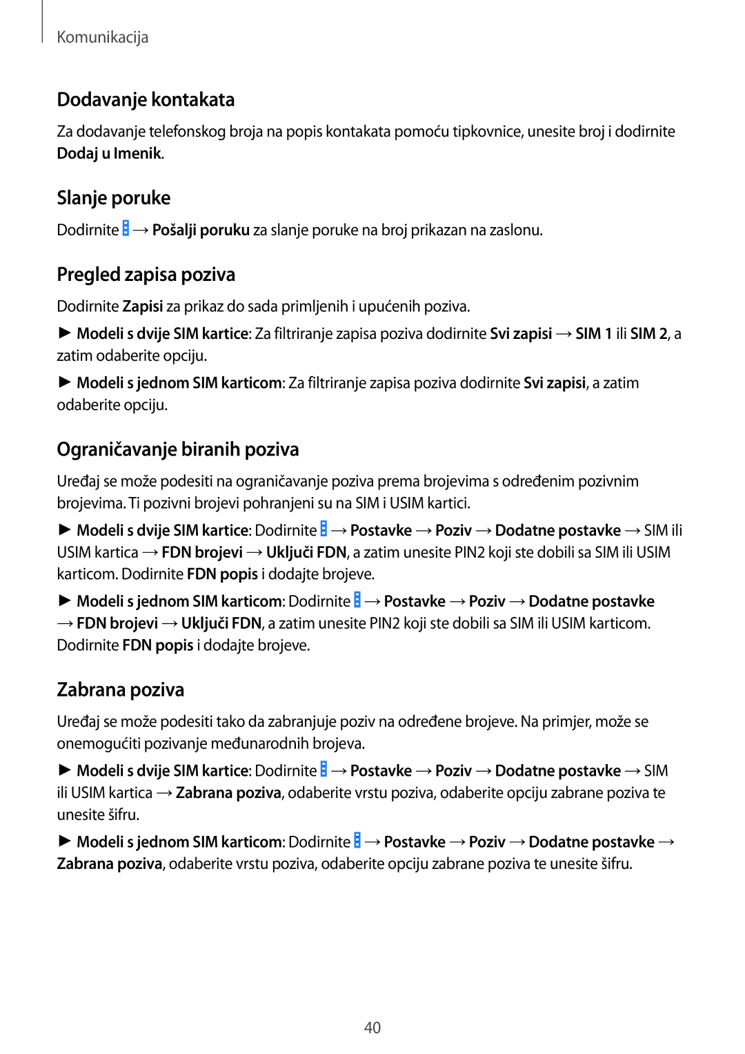 Samsung GT-I9060ZWISEE manual Dodavanje kontakata, Slanje poruke, Pregled zapisa poziva, Ograničavanje biranih poziva 