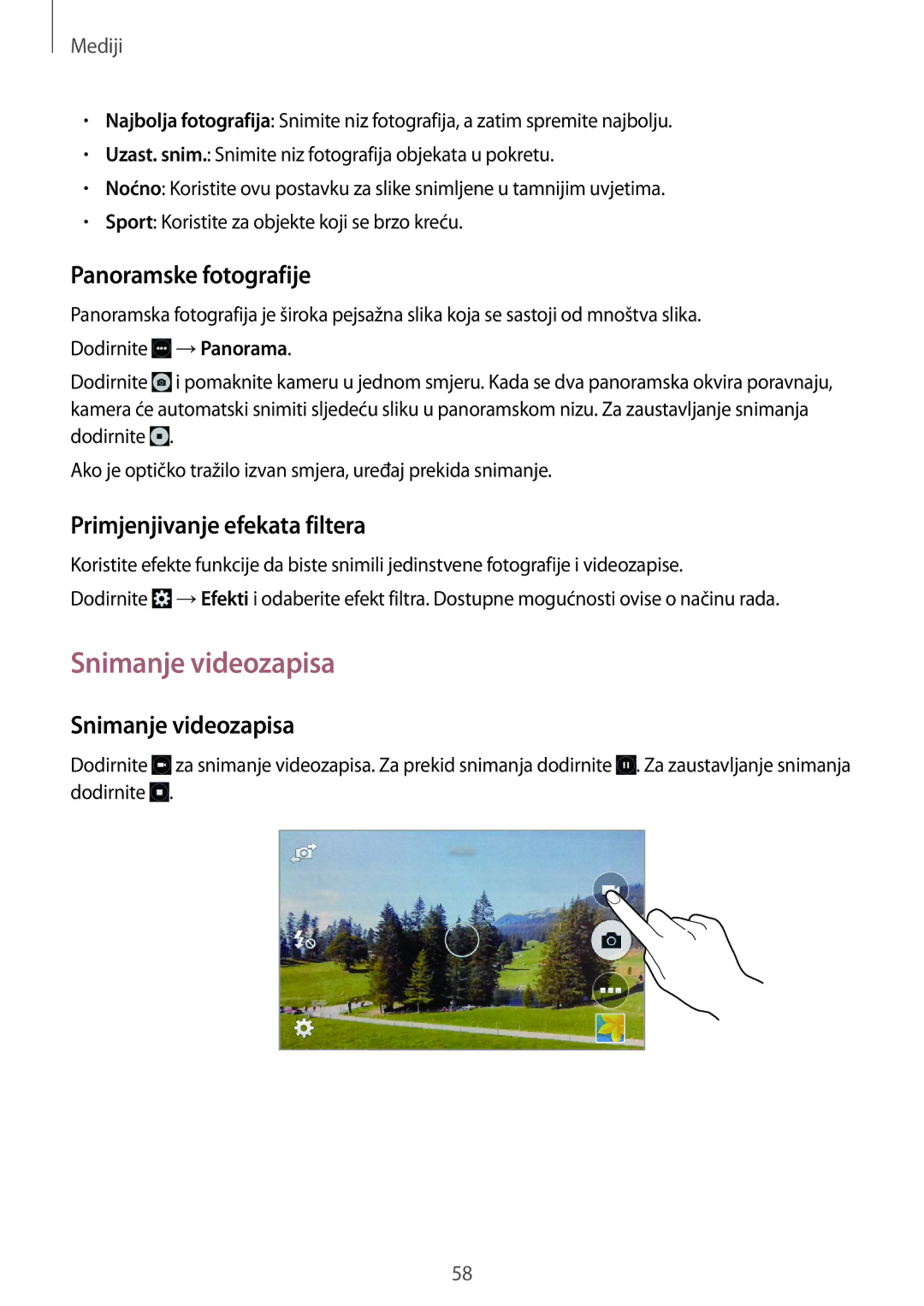 Samsung GT-I9060ZWISEE manual Snimanje videozapisa, Panoramske fotografije, Primjenjivanje efekata filtera 