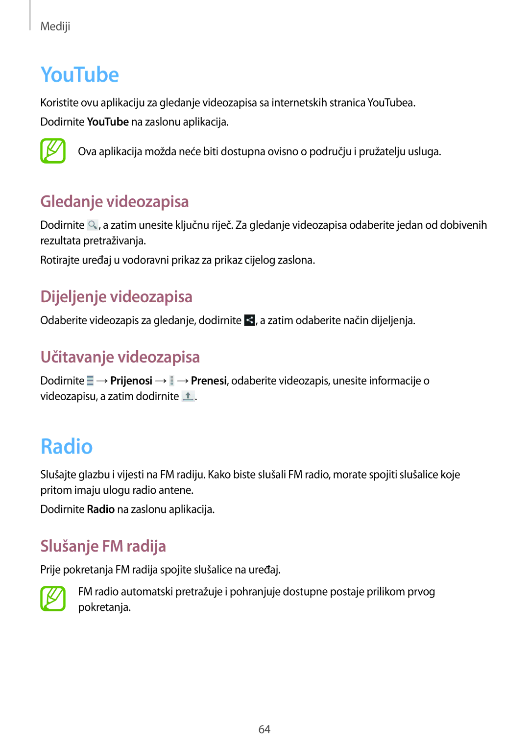 Samsung GT-I9060ZWISEE manual YouTube, Radio, Gledanje videozapisa, Učitavanje videozapisa, Slušanje FM radija 