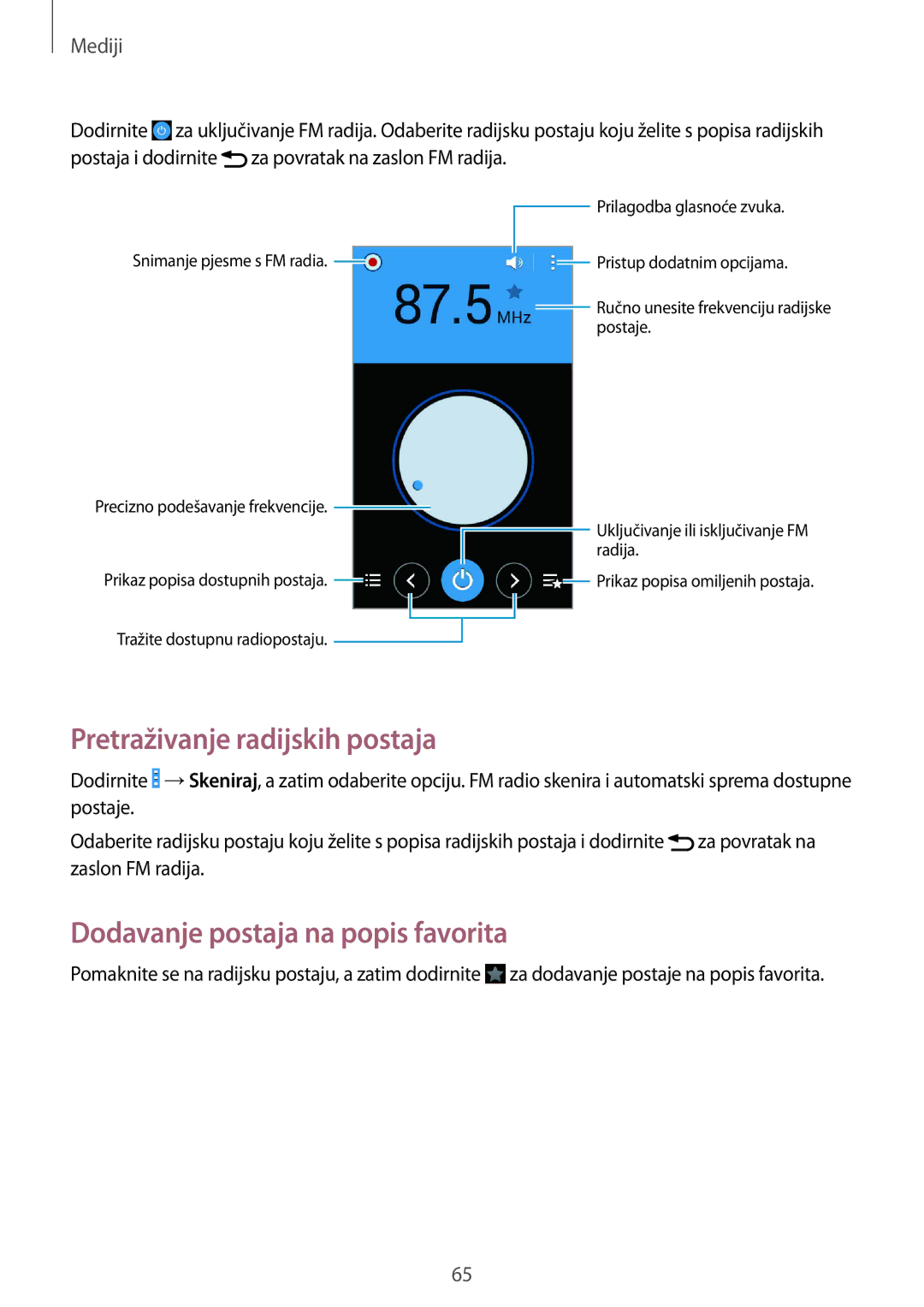 Samsung GT-I9060ZWISEE manual Pretraživanje radijskih postaja, Dodavanje postaja na popis favorita 