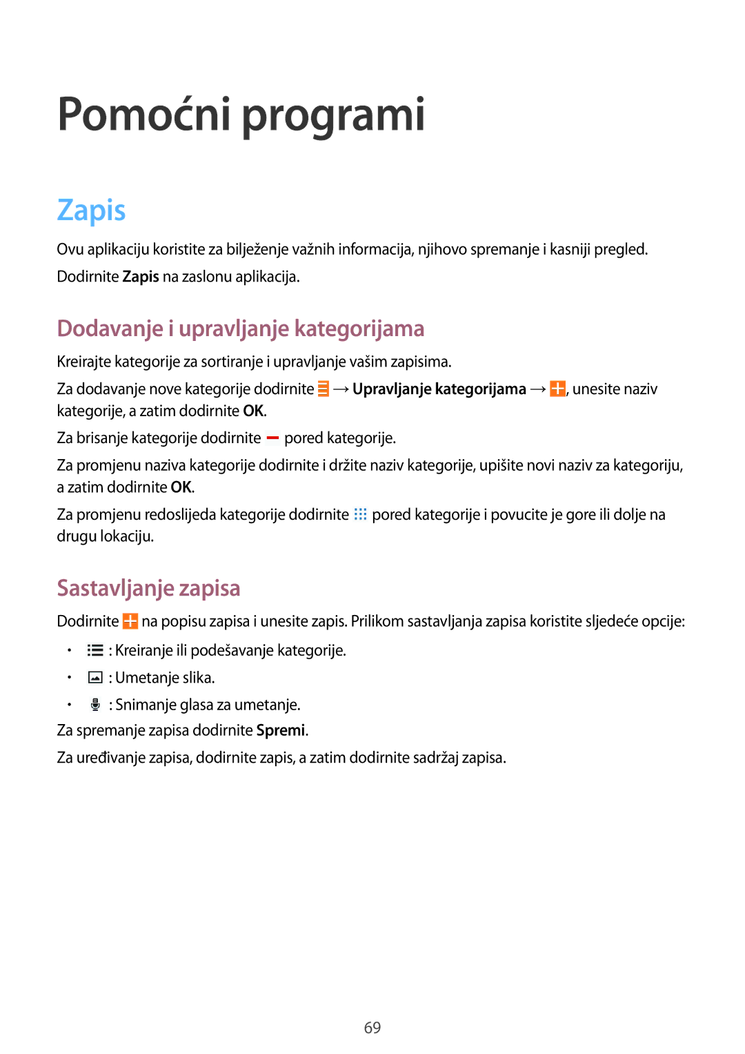 Samsung GT-I9060ZWISEE manual Pomoćni programi, Zapis, Dodavanje i upravljanje kategorijama, Sastavljanje zapisa 