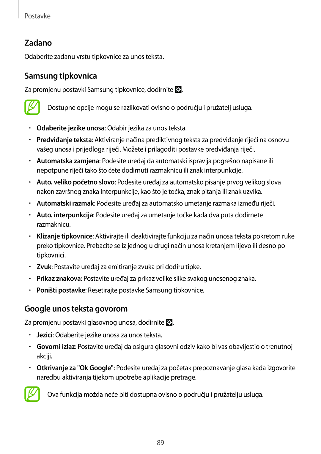 Samsung GT-I9060ZWISEE manual Zadano, Samsung tipkovnica, Google unos teksta govorom 