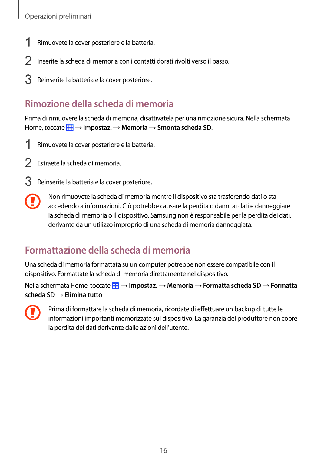 Samsung GT-I9060ZWSPHE, GT-I9060ZWSBGL manual Rimozione della scheda di memoria, Formattazione della scheda di memoria 