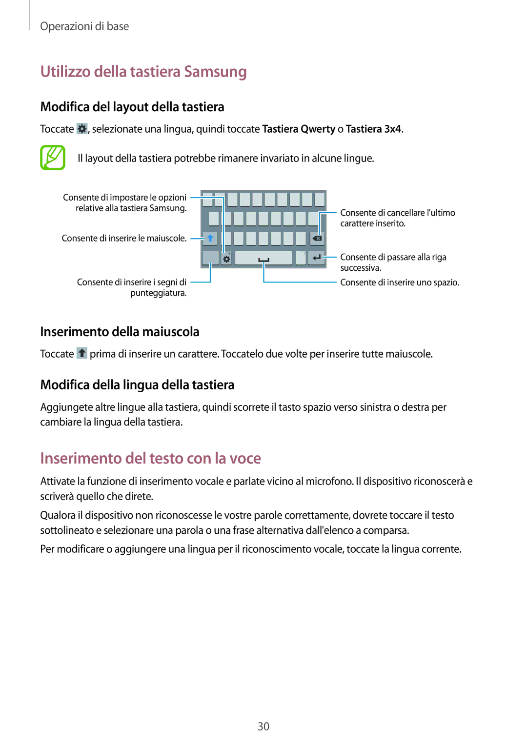 Samsung GT-I9060ZWSPHE Utilizzo della tastiera Samsung, Inserimento del testo con la voce, Inserimento della maiuscola 