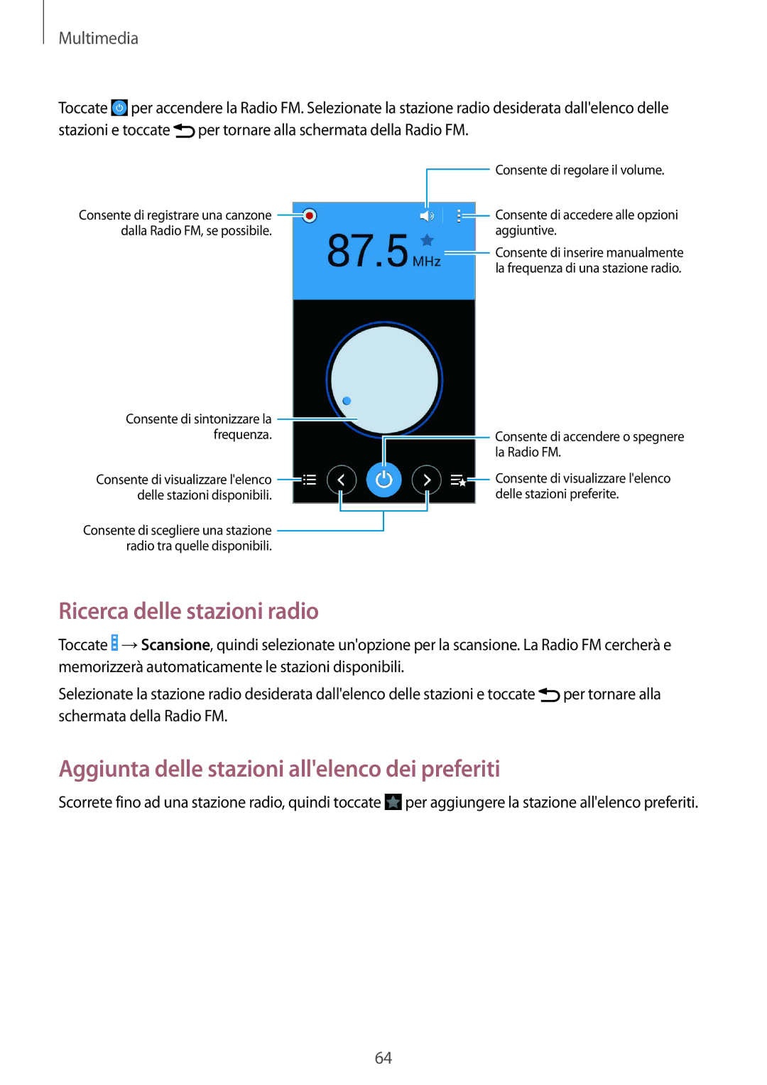 Samsung GT-I9060ZWIITV, GT-I9060ZWSBGL manual Ricerca delle stazioni radio, Aggiunta delle stazioni allelenco dei preferiti 