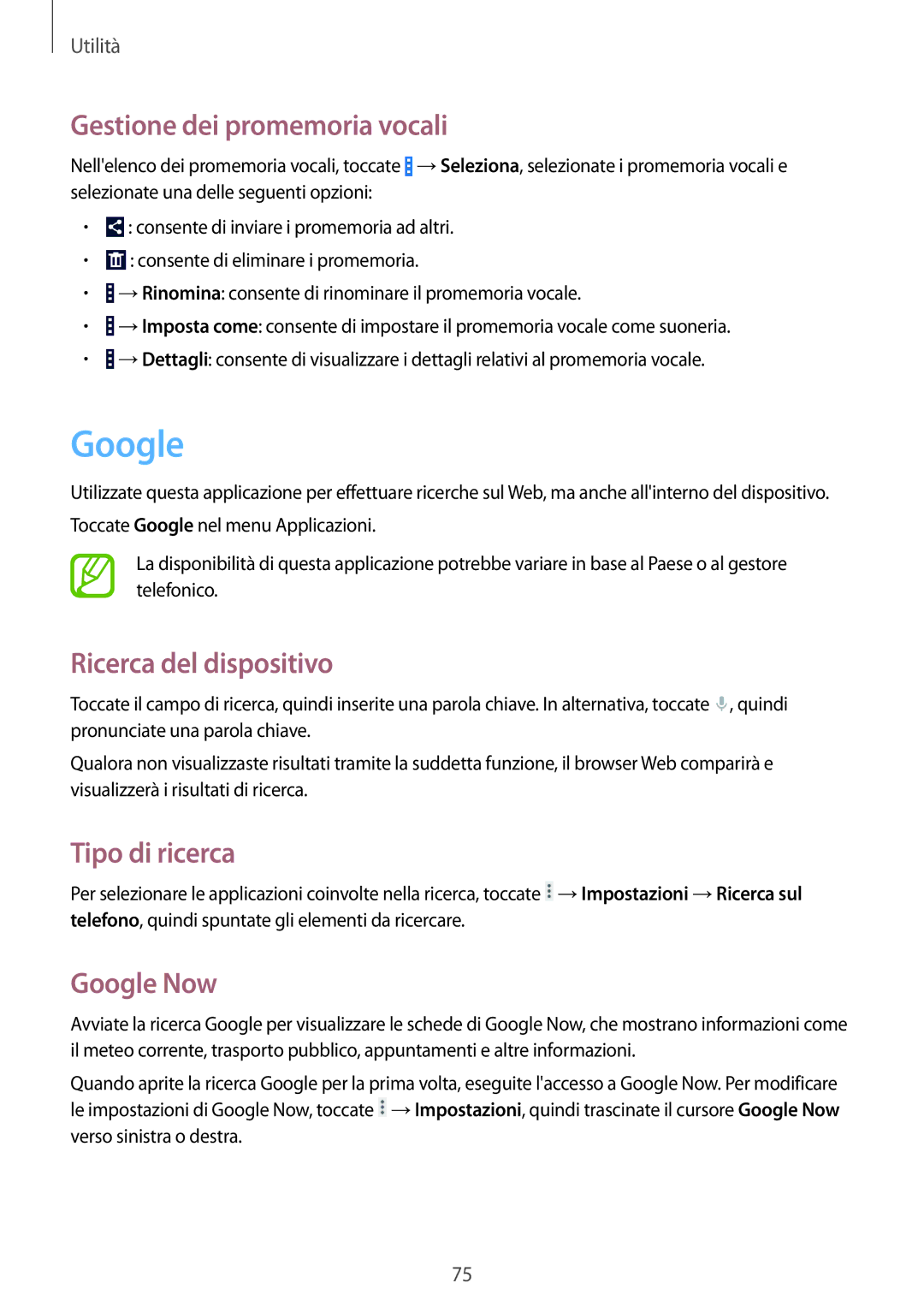 Samsung GT-I9060ZDSMID manual Gestione dei promemoria vocali, Ricerca del dispositivo, Tipo di ricerca, Google Now 