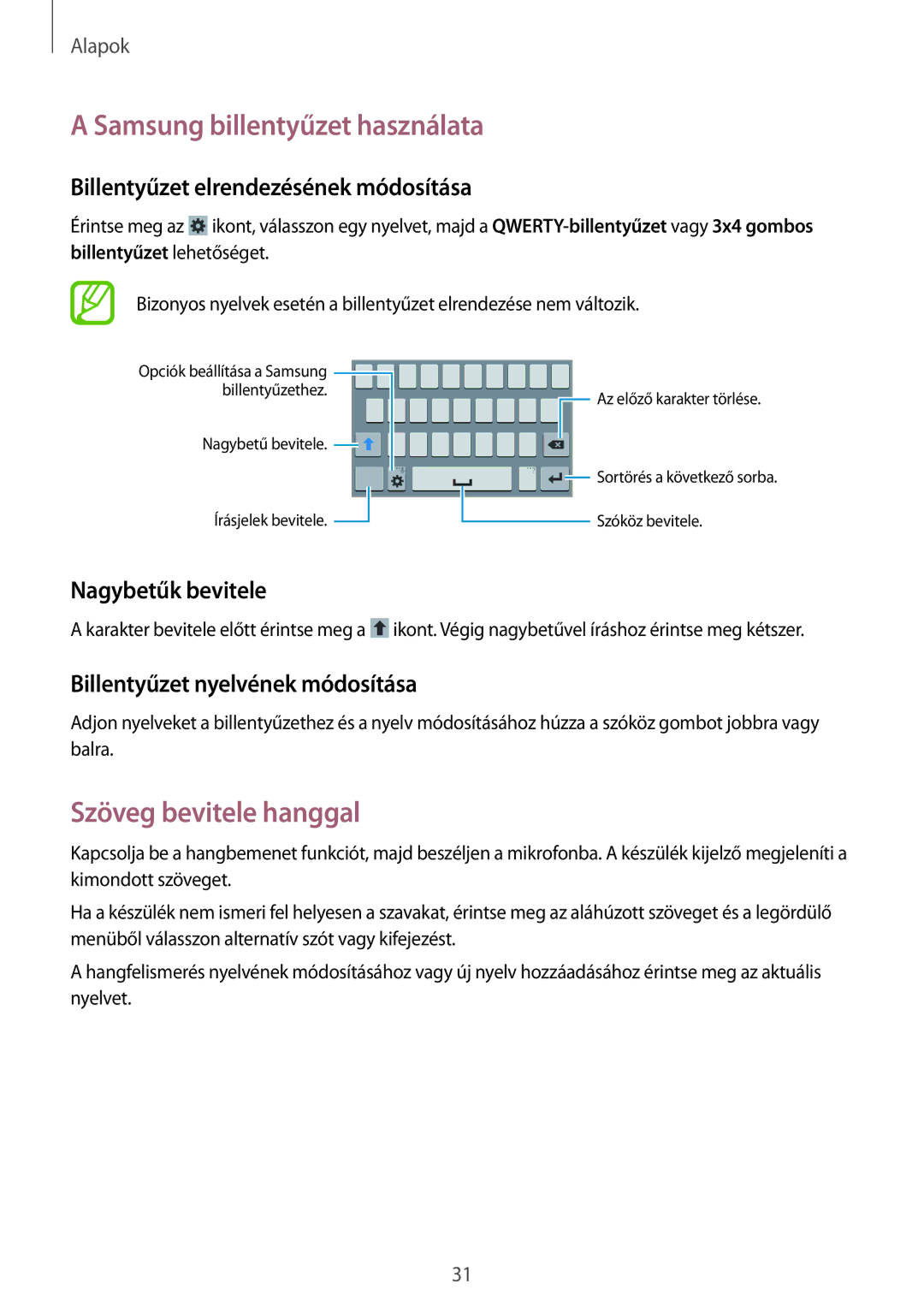 Samsung GT-I9060ZDSXEH Samsung billentyűzet használata, Szöveg bevitele hanggal, Billentyűzet elrendezésének módosítása 