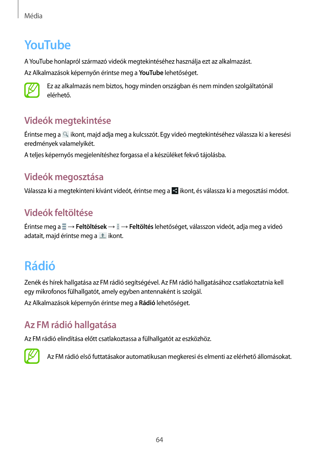 Samsung GT-I9060MKSEUR, GT-I9060ZWSETL manual YouTube, Rádió, Videók megtekintése, Videók feltöltése, Az FM rádió hallgatása 