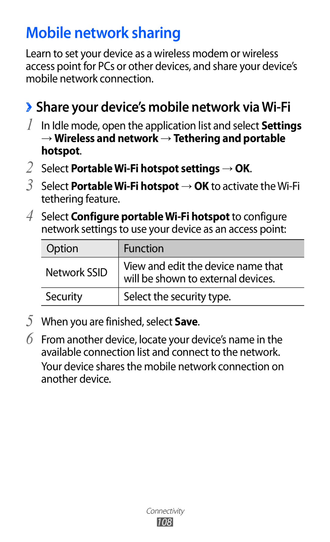 Samsung GT-I9070 user manual Mobile network sharing, ››Share your device’s mobile network via Wi-Fi 