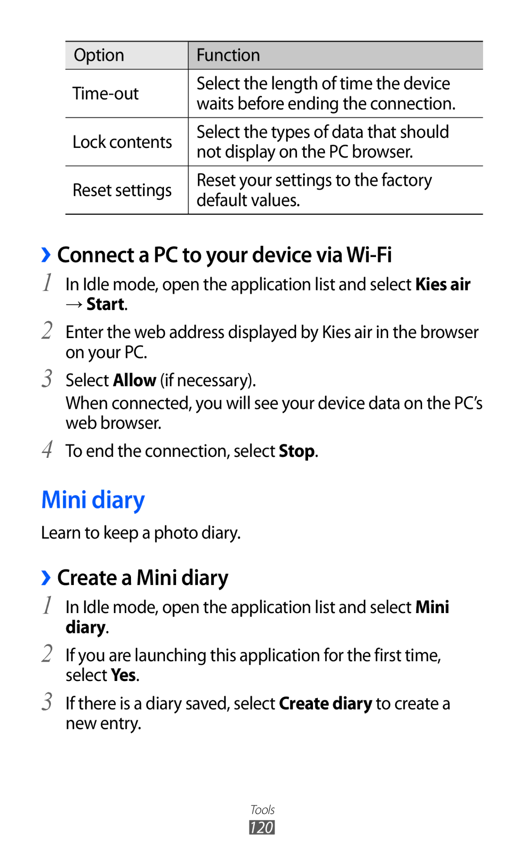 Samsung GT-I9070 ››Connect a PC to your device via Wi-Fi, ››Create a Mini diary, Learn to keep a photo diary 