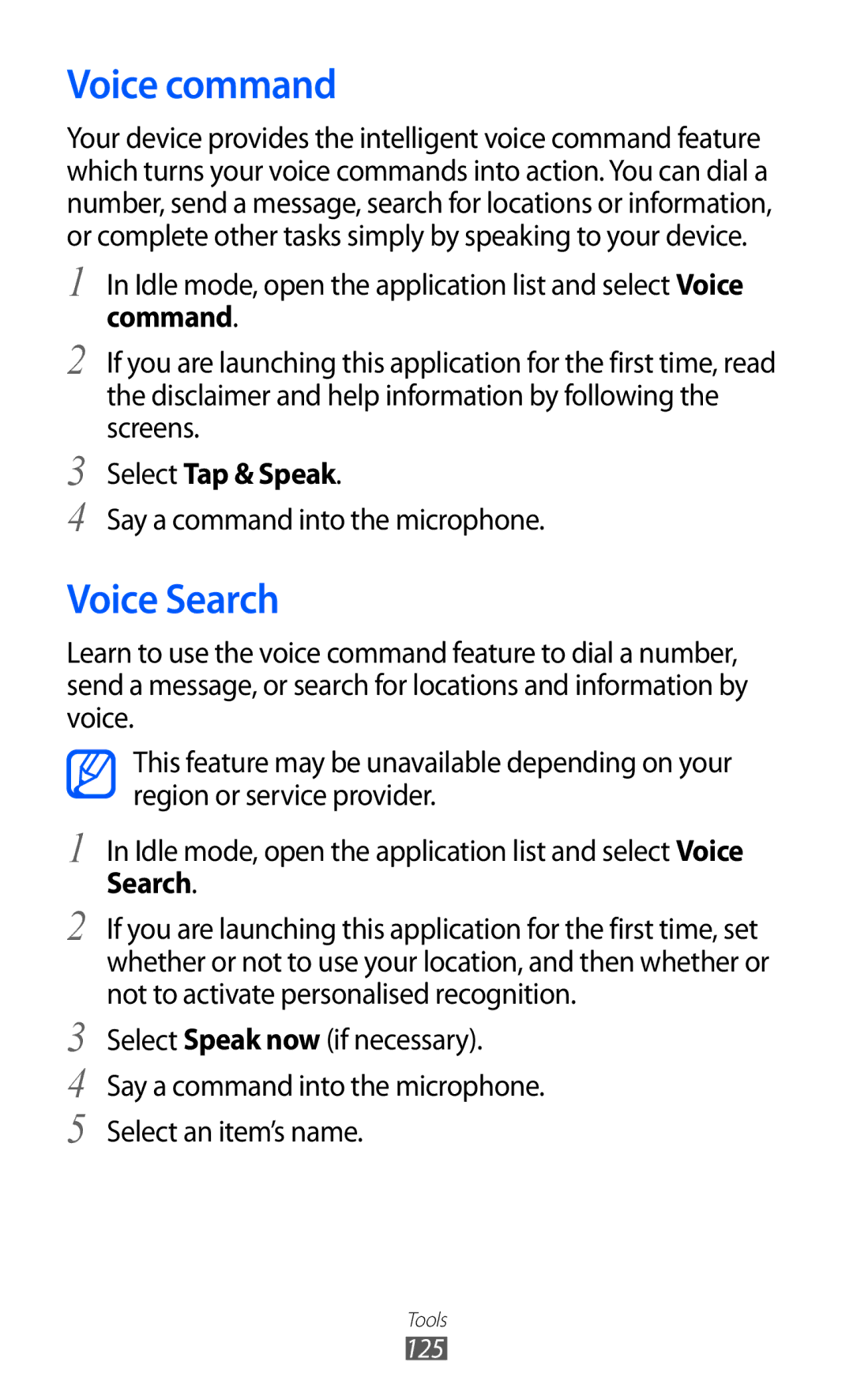 Samsung GT-I9070 user manual Voice command, Voice Search, Select Tap & Speak, Say a command into the microphone 