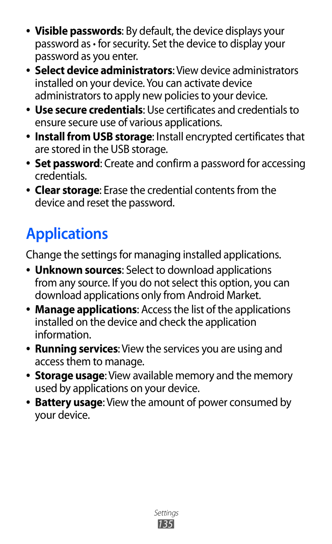 Samsung GT-I9070 user manual Applications, Change the settings for managing installed applications 