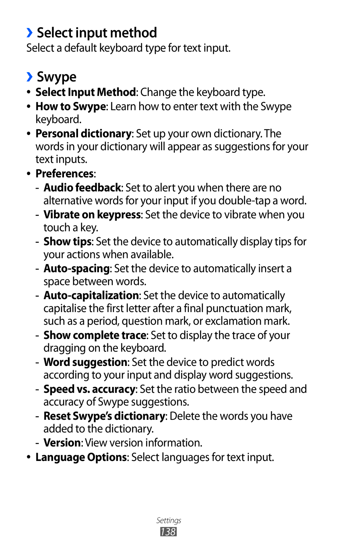 Samsung GT-I9070 user manual ››Select input method, ››Swype, Select a default keyboard type for text input, Preferences 