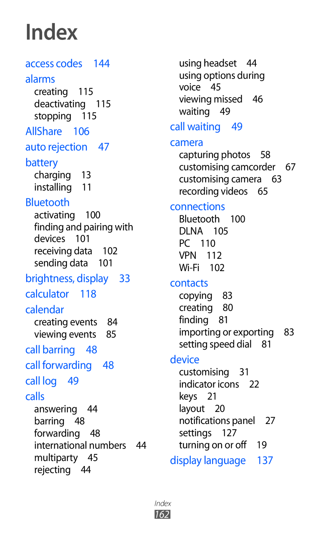 Samsung GT-I9070 user manual Index, Call barring 48 call forwarding 48 call log Calls 