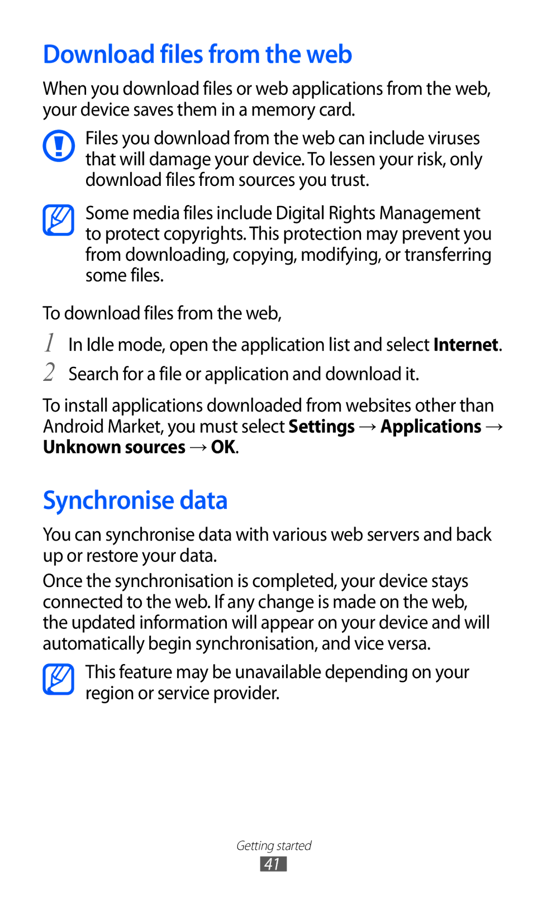 Samsung GT-I9070 user manual Download files from the web, Synchronise data 