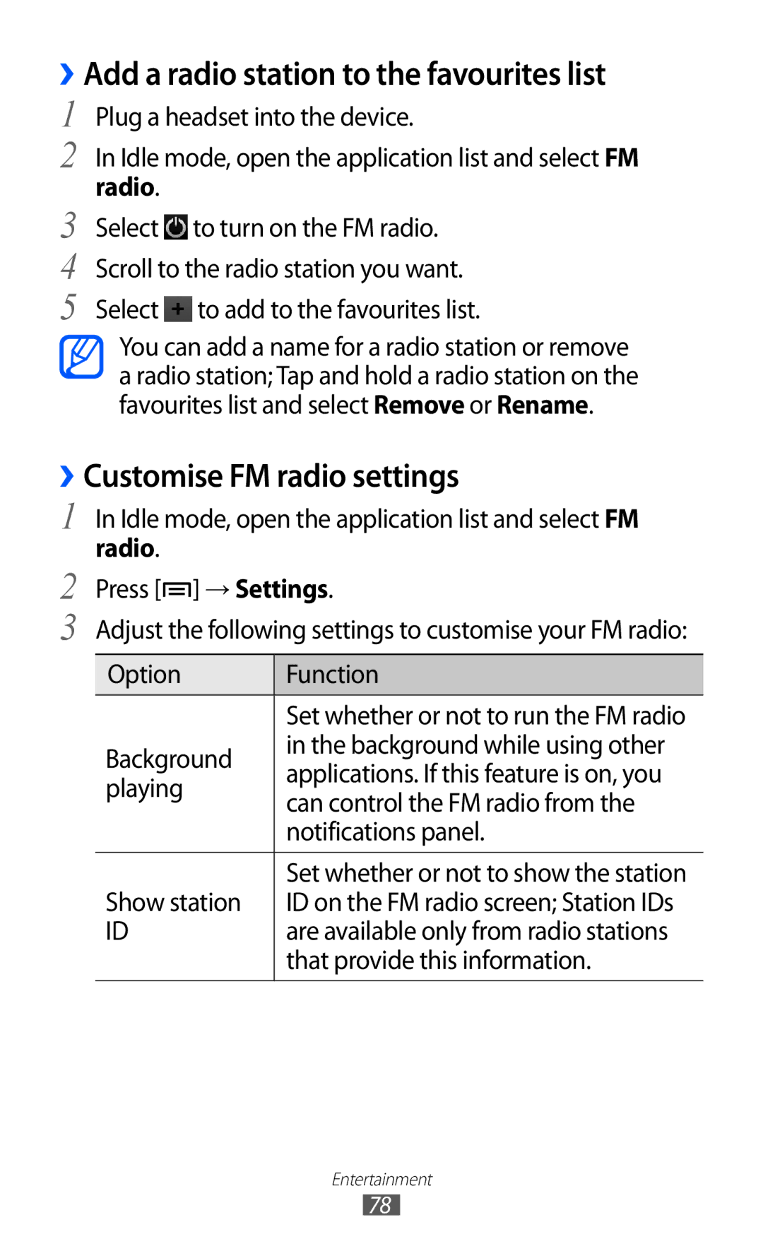 Samsung GT-I9070 user manual ››Add a radio station to the favourites list, ››Customise FM radio settings, Radio 