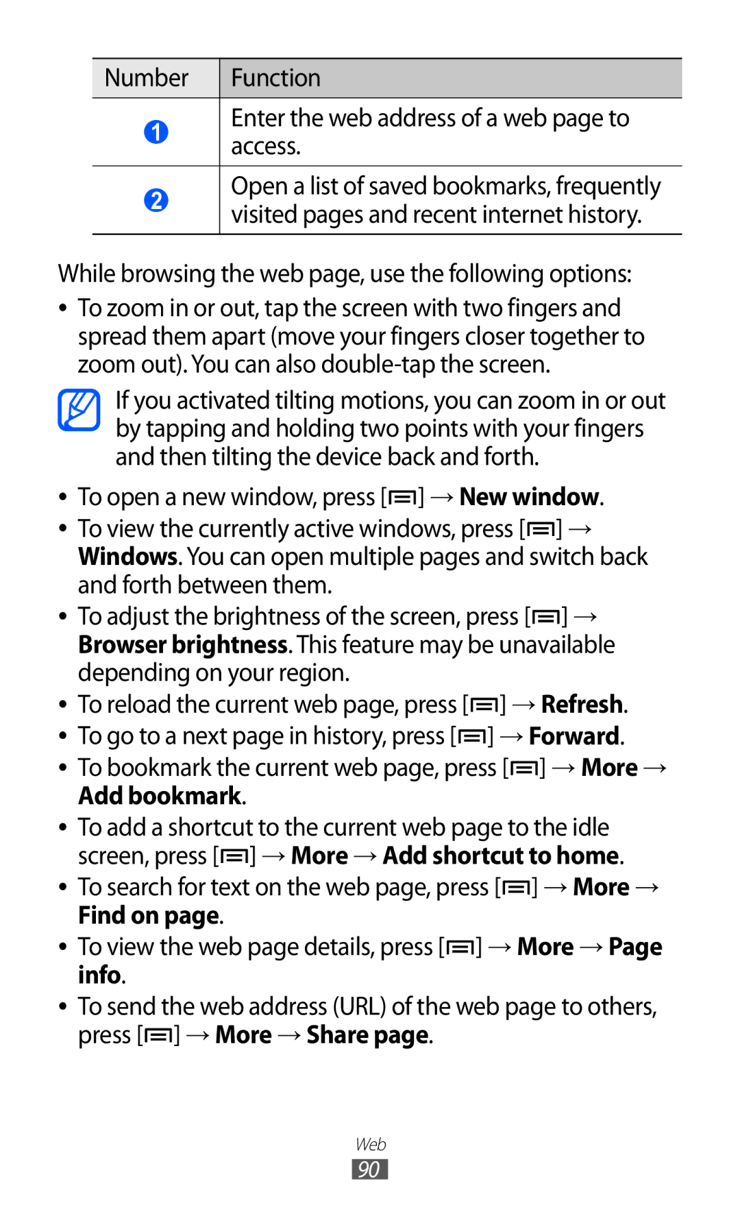 Samsung GT-I9070 user manual → Refresh, → Forward, Add bookmark 