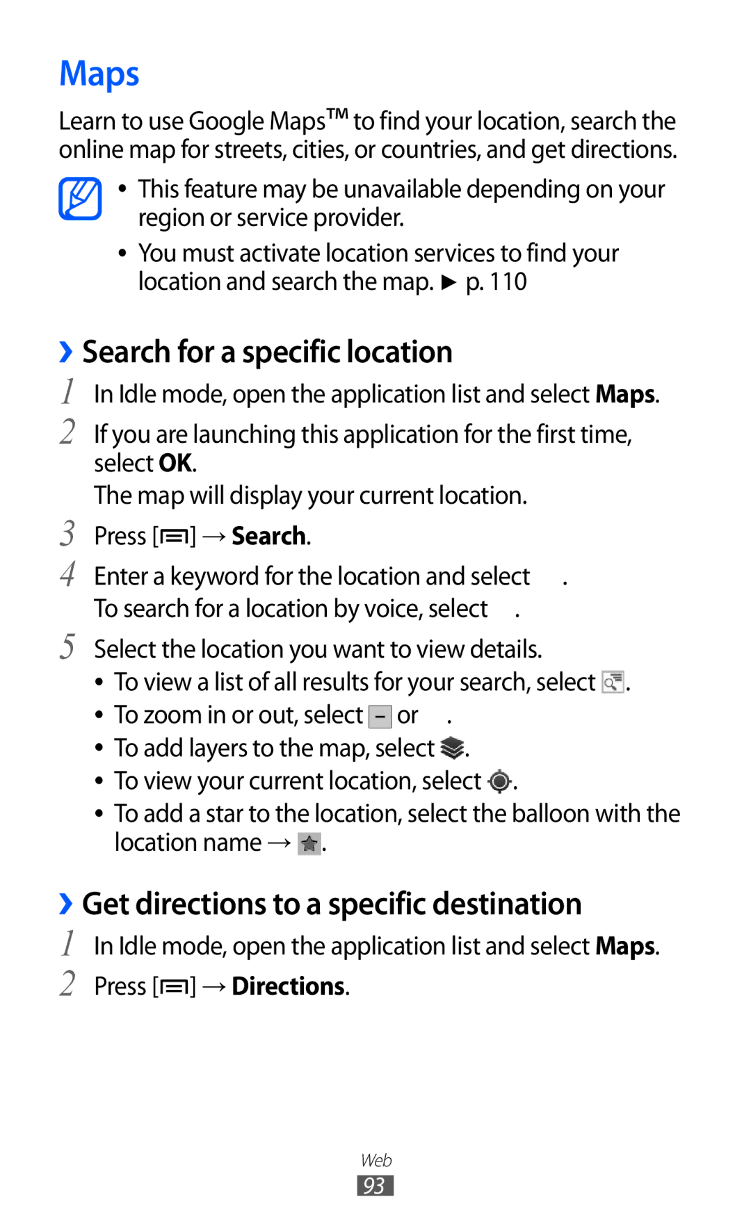 Samsung GT-I9070 user manual Maps, ››Search for a specific location, ››Get directions to a specific destination 