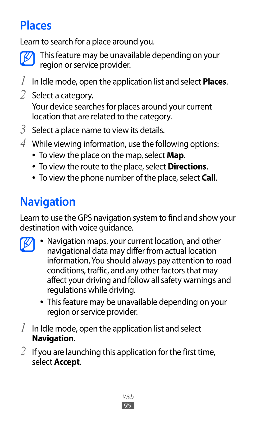 Samsung GT-I9070 user manual Places, Navigation 