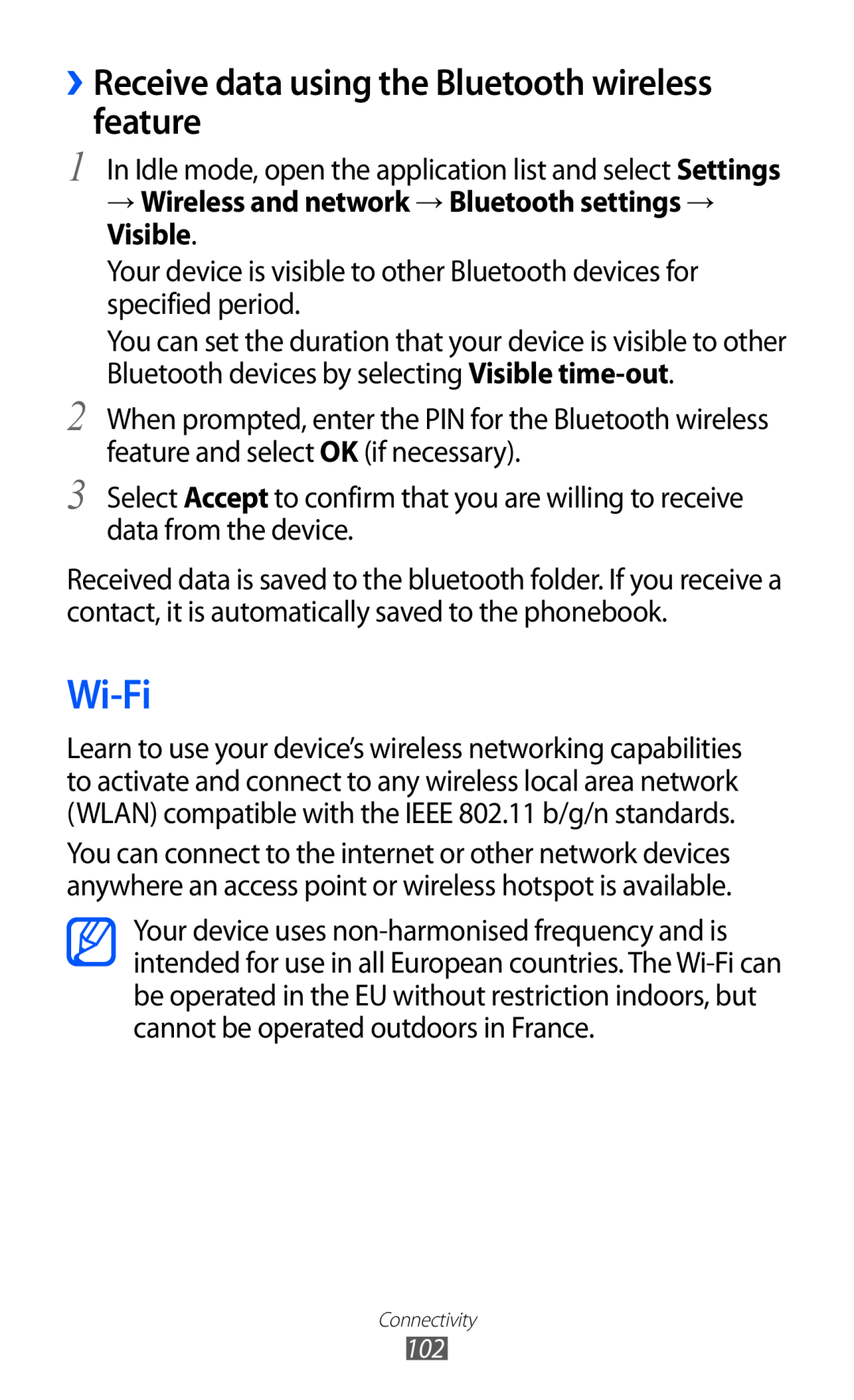 Samsung GT-I9070 user manual Wi-Fi, ››Receive data using the Bluetooth wireless feature 