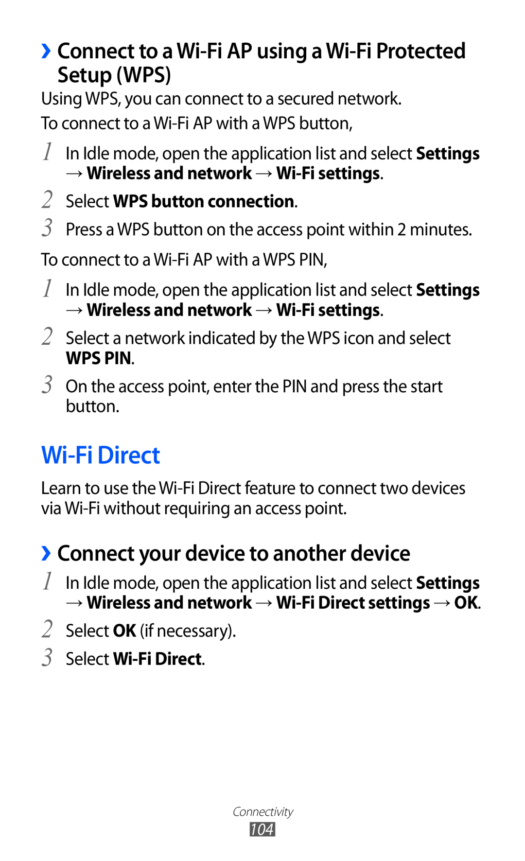 Samsung GT-I9070 Wi-Fi Direct, Setup WPS, ››Connect your device to another device, Select WPS button connection, Wps Pin 