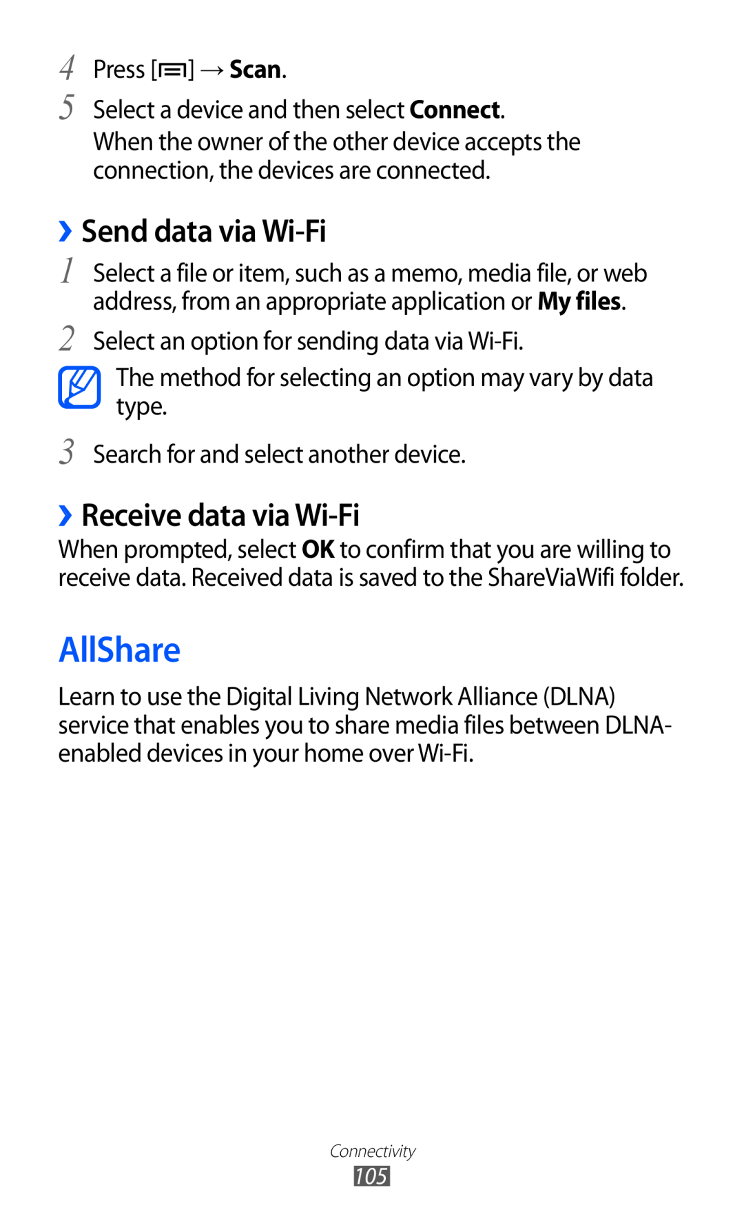 Samsung GT-I9070 user manual AllShare, ››Send data via Wi-Fi, ››Receive data via Wi-Fi 