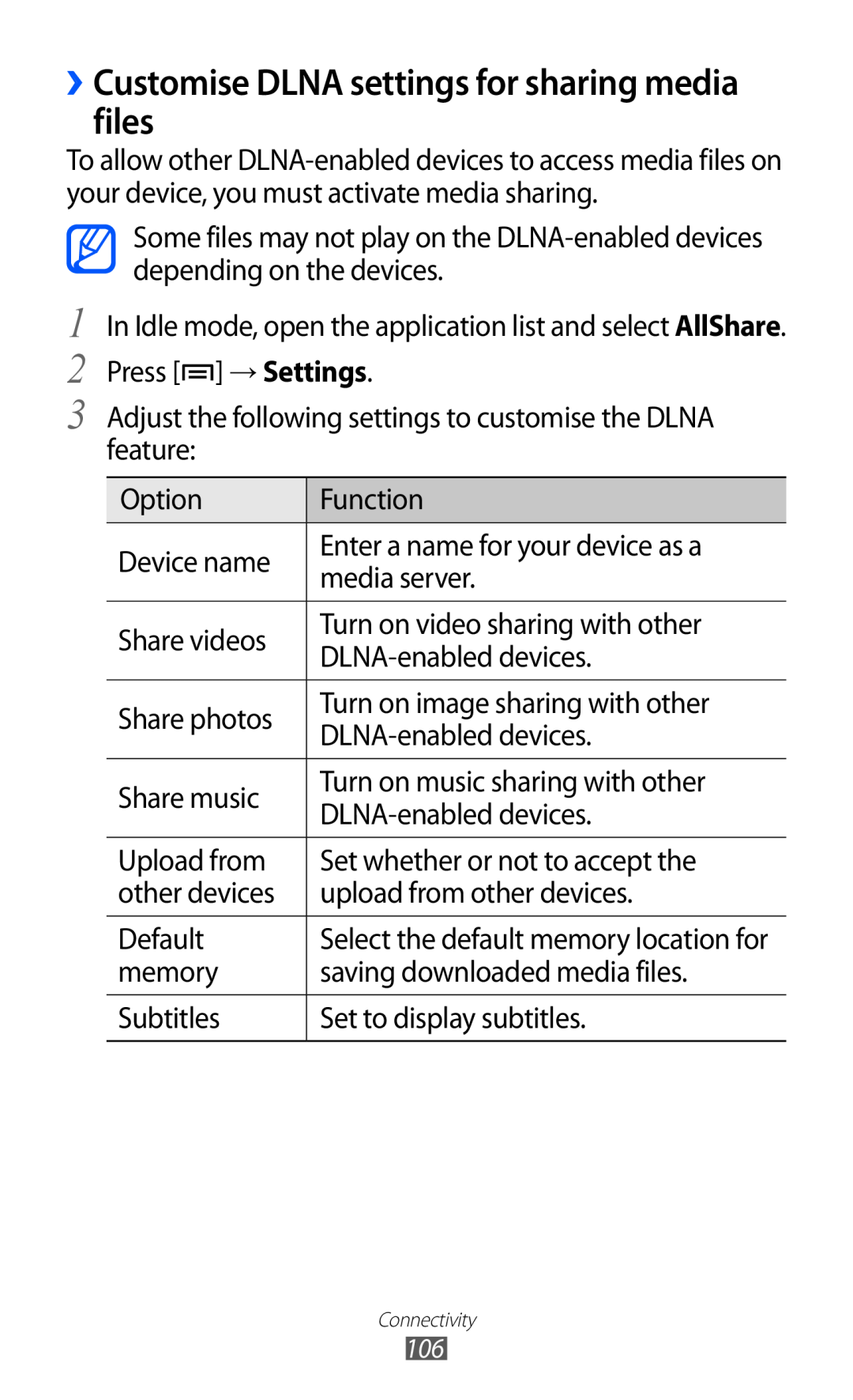 Samsung GT-I9070 user manual ››Customise DLNA settings for sharing media files, Select the default memory location for 